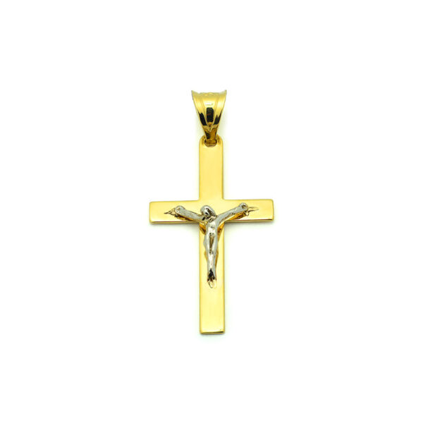 Złota zawieszka krzyż z wizerunkiem bikolor 585